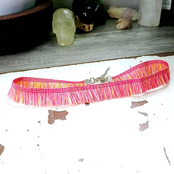 Pink Fringe Adjustable Choker Necklace, Cute Boho Chic - Picture 2 of 4